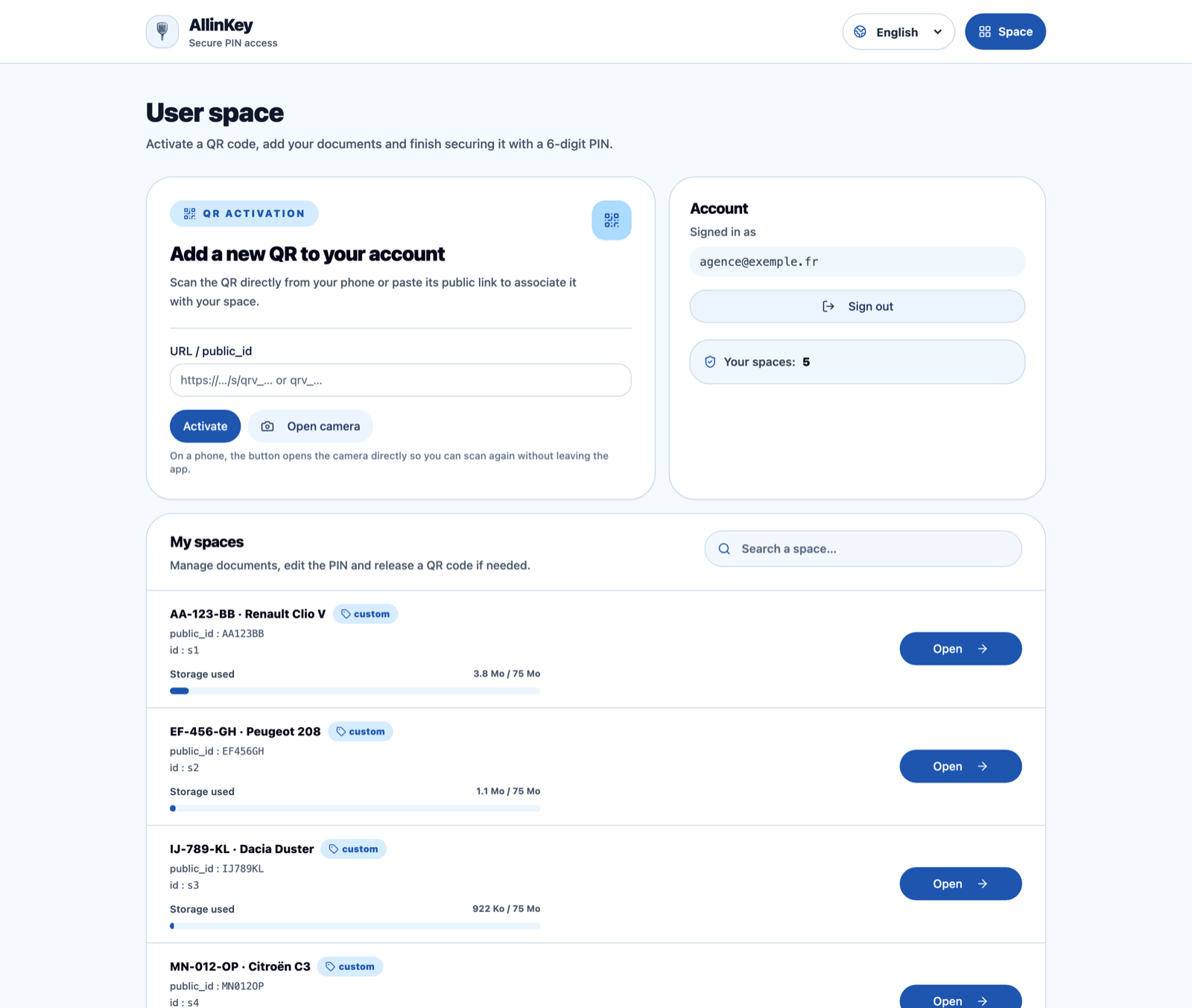 AllinKey dashboard on desktop: QR activation, account and list of spaces