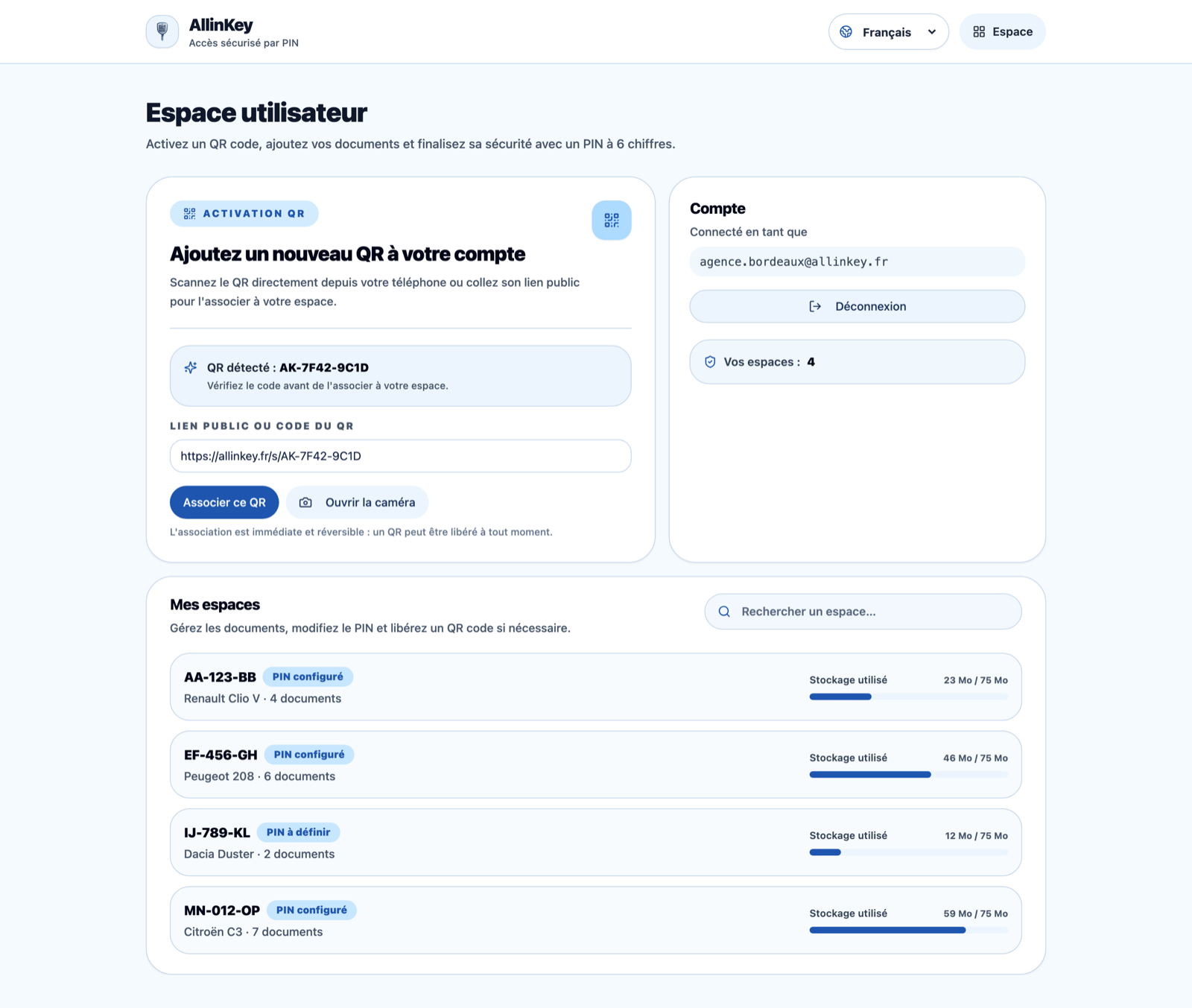 Dashboard AllinKey sur ordinateur : activation d'un QR, compte et liste des espaces