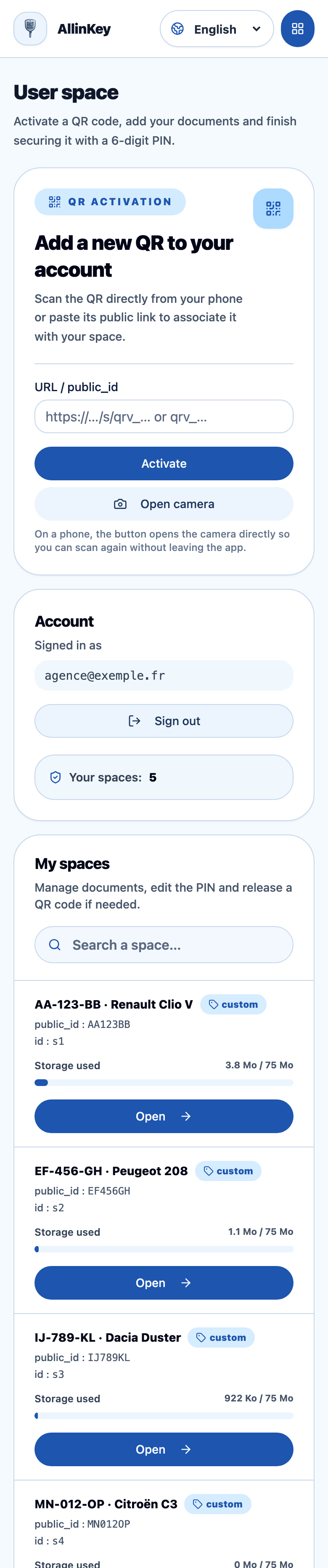 The AllinKey “User space” screen on mobile