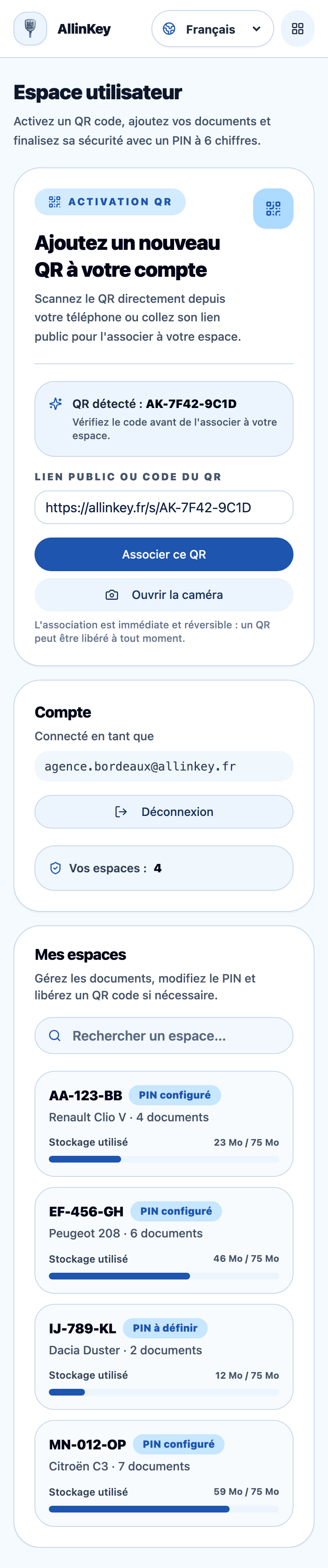 Écran « Espace utilisateur » de l'application AllinKey sur mobile