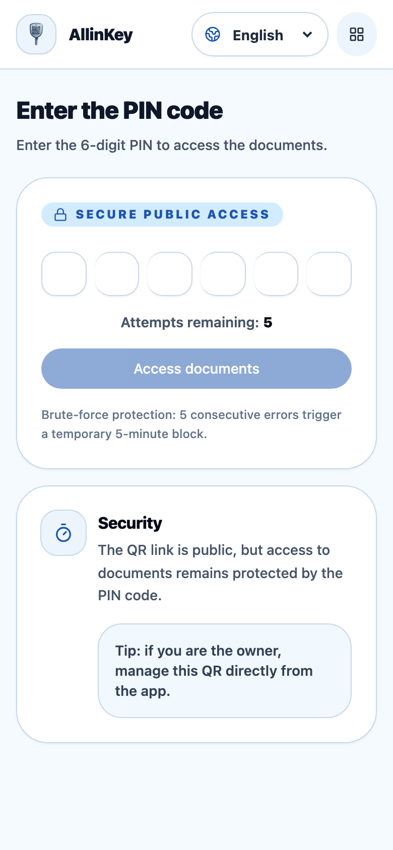 Public page asking for the six-digit PIN before opening the documents