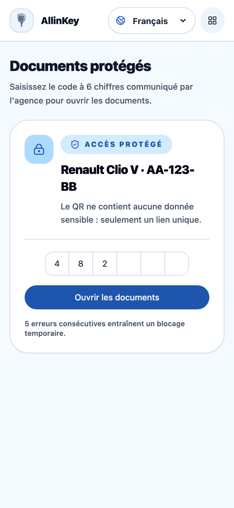 Page publique demandant le PIN à six chiffres avant d'ouvrir les documents