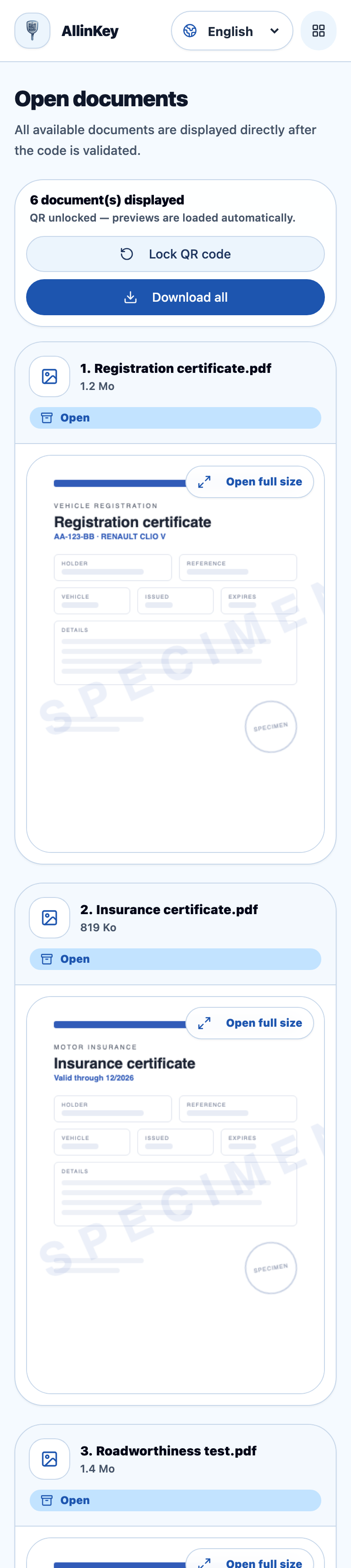 Documents unlocked after entering the PIN, downloadable together or one by one