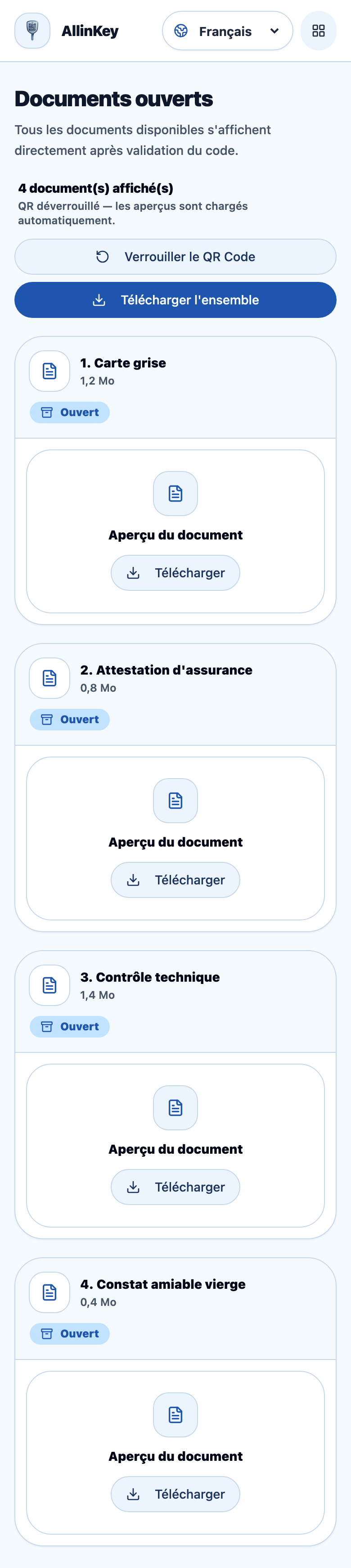 Documents ouverts après saisie du PIN, avec téléchargement de l'ensemble ou pièce par pièce