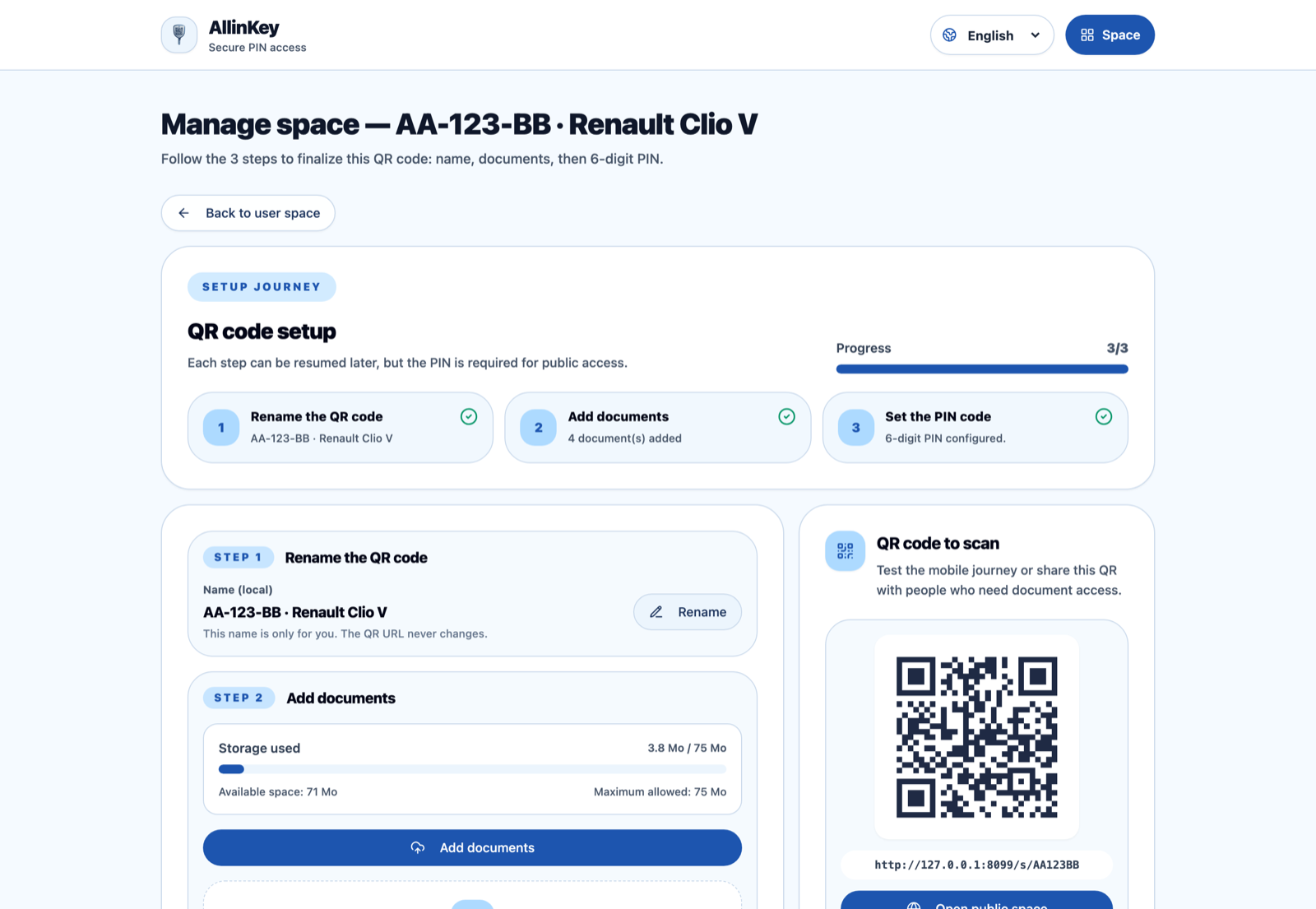 An AllinKey vehicle space: documents, PIN and public access