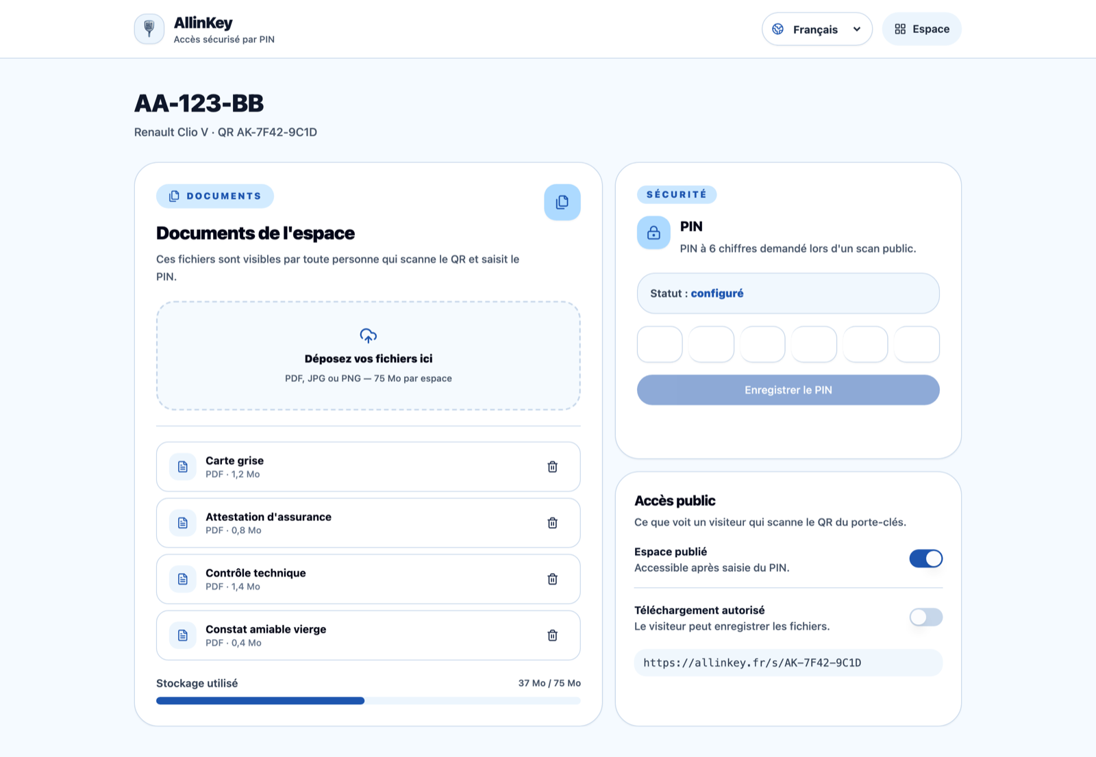 Espace véhicule AllinKey : documents, PIN et accès public