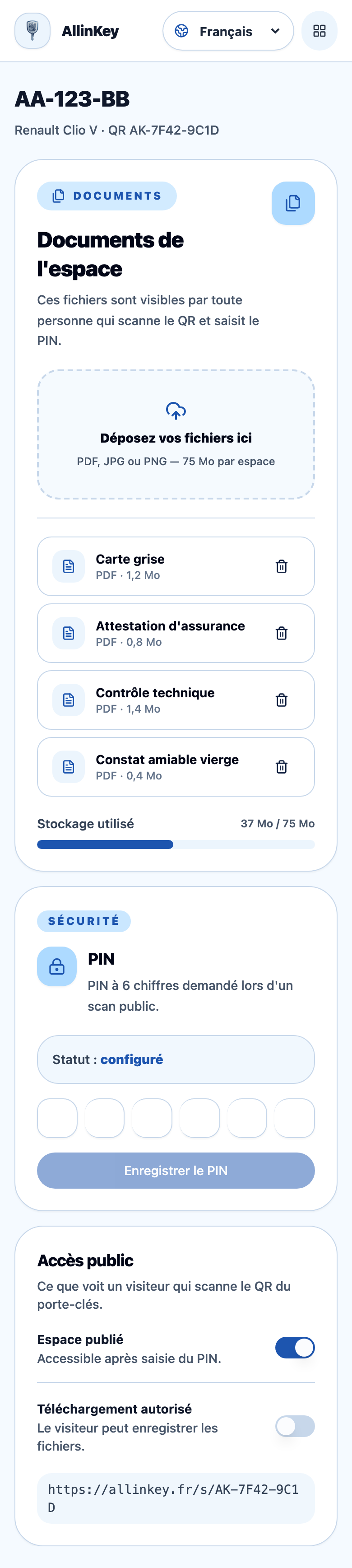 Écran de gestion d'un espace véhicule : documents, PIN et accès public